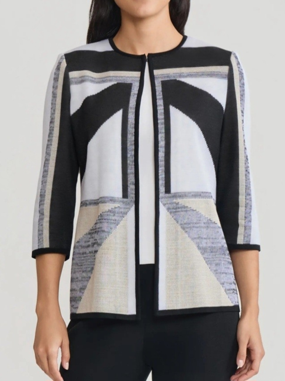 Ming Wang Heritage Colorblock Intarsia Knit Jacket Size L Geometric Open Front